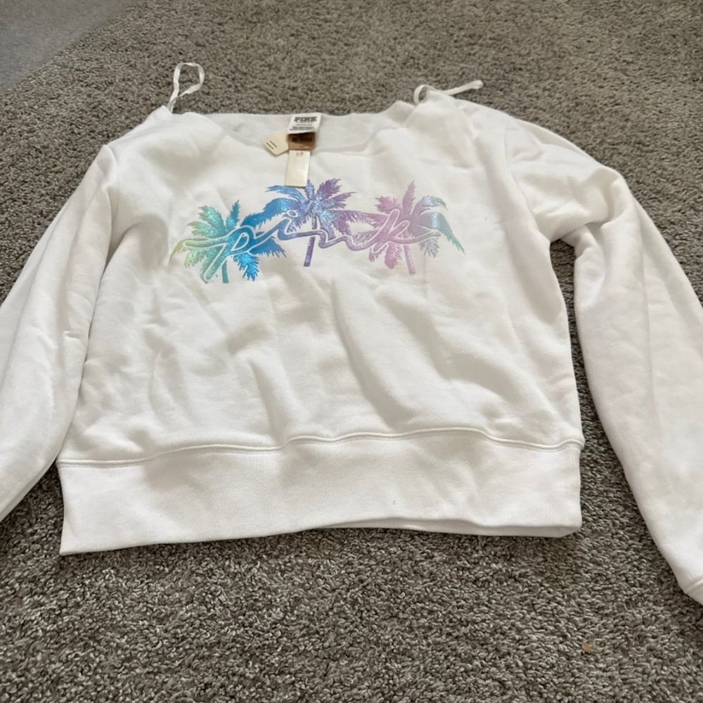 PINK Victoria's Secret White Sweatshirt with Colorful Palm Design